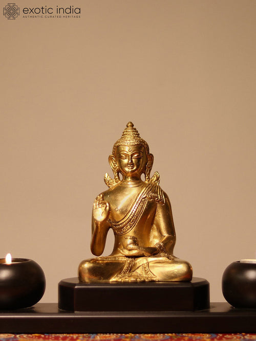 12" Brass Buddha Statue with Wooden Base for Home Decor