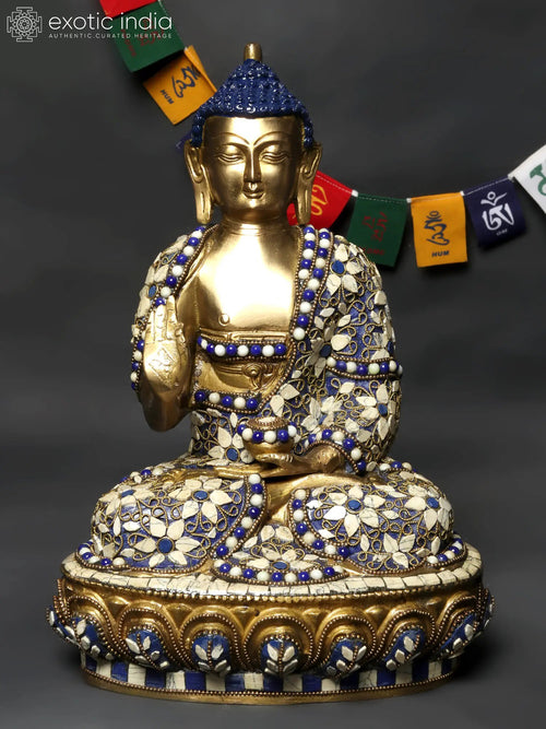 12" Gautam Buddha Preaching Dharma Brass Statue with Inlay Work
