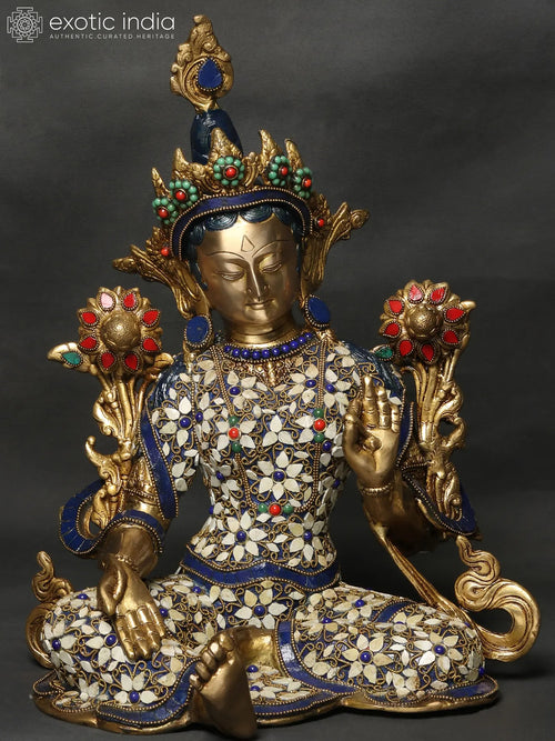 15" White Tara Goddess Brass Statue with Inlay Work