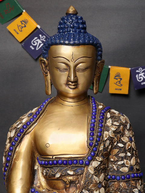 16" Healing Buddha Brass Statue with Inlay Work | Medicine Buddha Statue