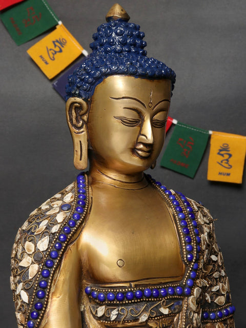 16" Healing Buddha Brass Statue with Inlay Work | Medicine Buddha Statue