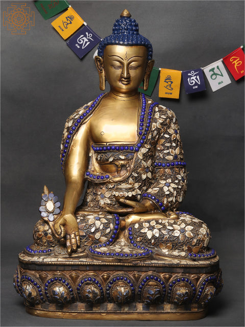 16" Healing Buddha Brass Statue with Inlay Work | Medicine Buddha Statue