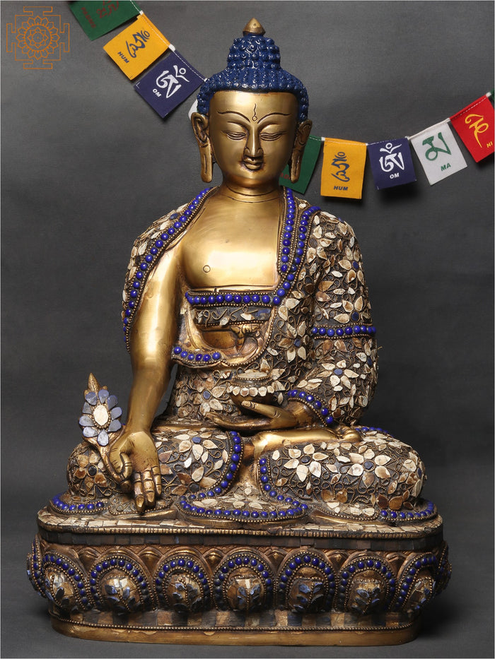 16" Healing Buddha Brass Statue with Medicine Buddha Inlay Work