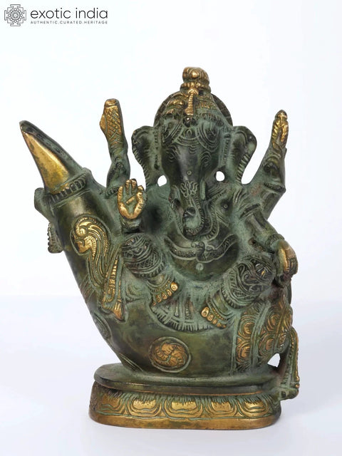 7" Lord Ganesha Brass Statue Sitting on Conch Pedestal
