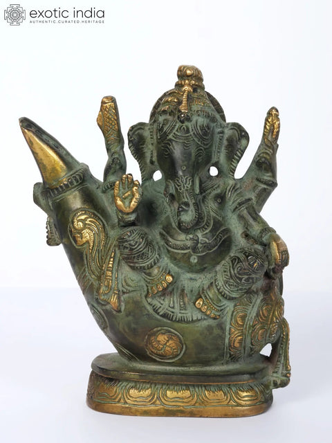 7" Lord Ganesha Brass Statue Sitting on Conch Pedestal