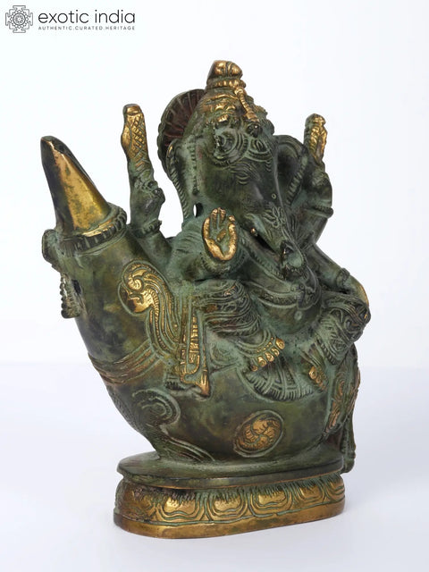 7" Lord Ganesha Brass Statue Sitting on Conch Pedestal