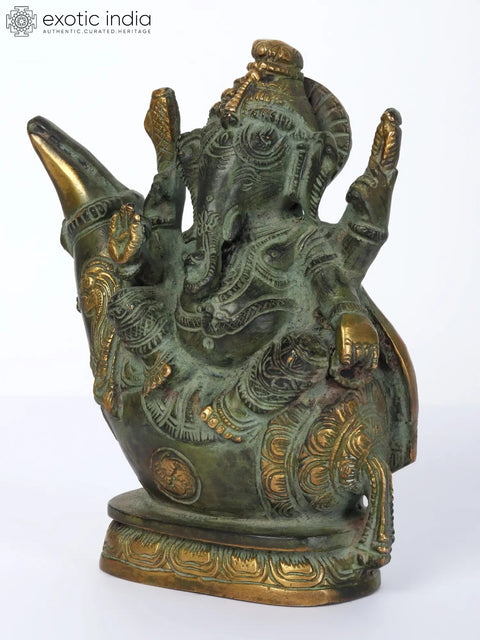 7" Lord Ganesha Brass Statue Sitting on Conch Pedestal
