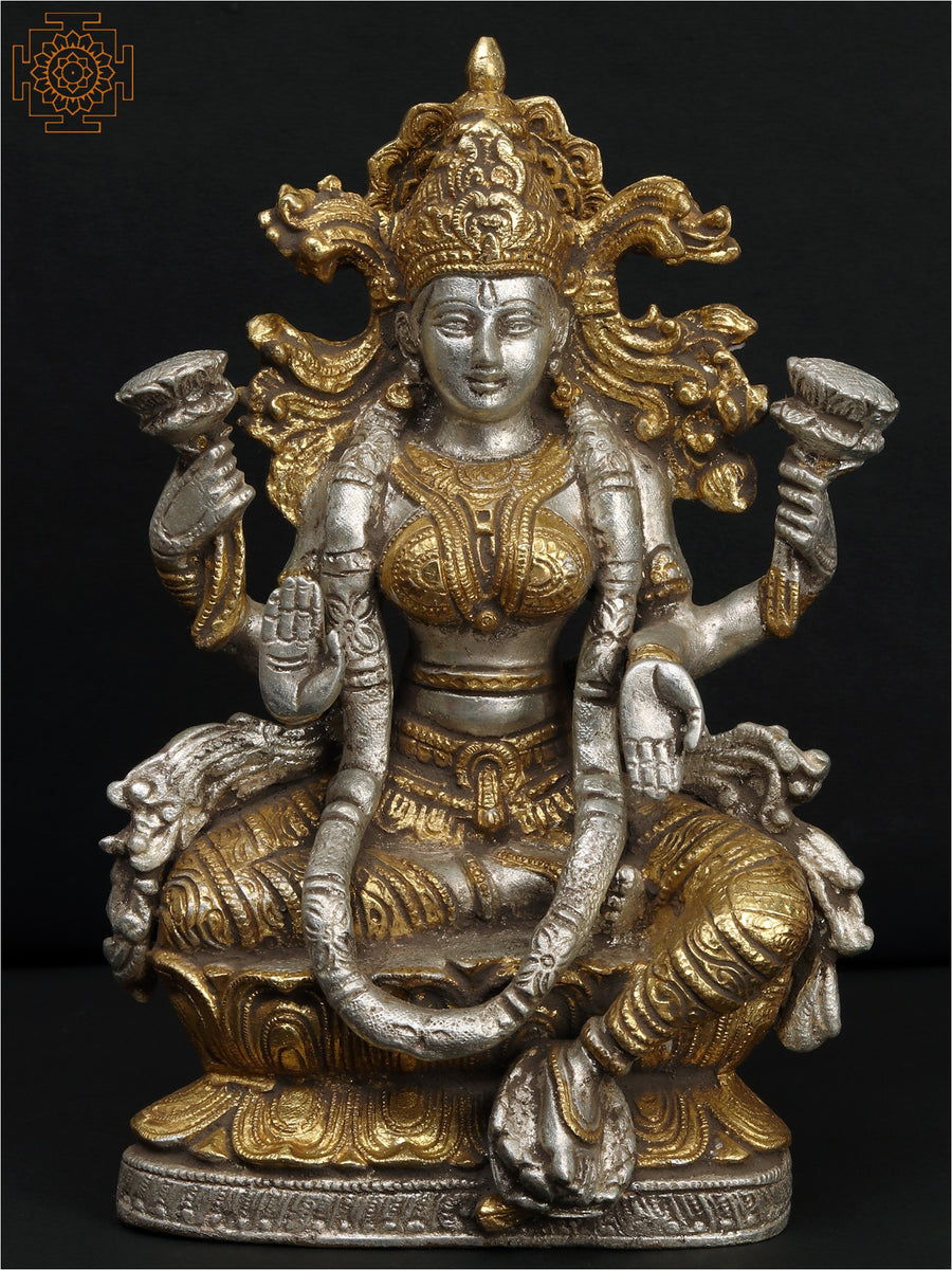 9" Goddess Lakshmi Silver and Gold Plated Brass Statue