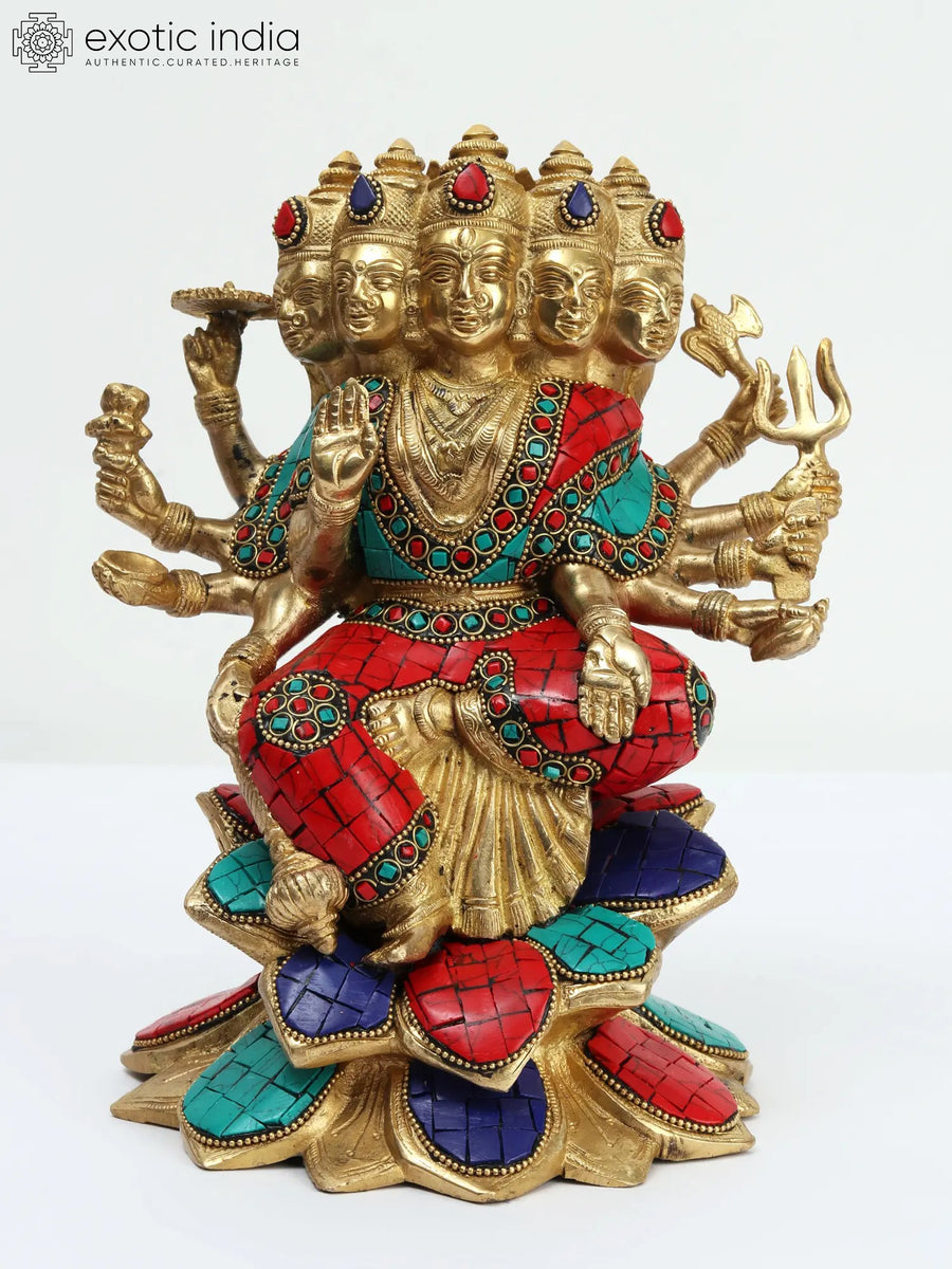 9" Five Headed Goddess Gayatri Brass Statue with Lotus Seat