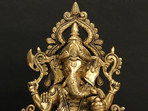 12" Sitting Chaturbhuja Lord Ganesha Brass Sculpture