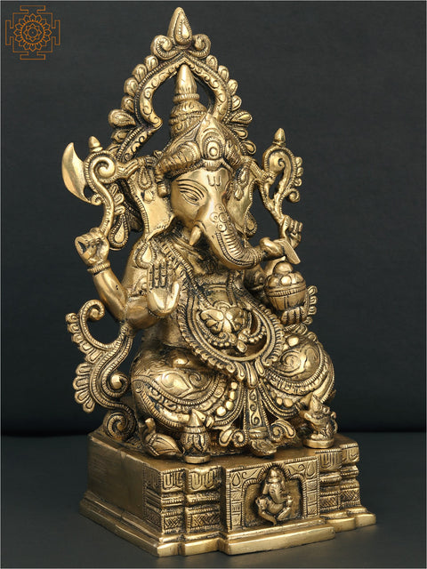 12" Sitting Chaturbhuja Lord Ganesha Brass Sculpture