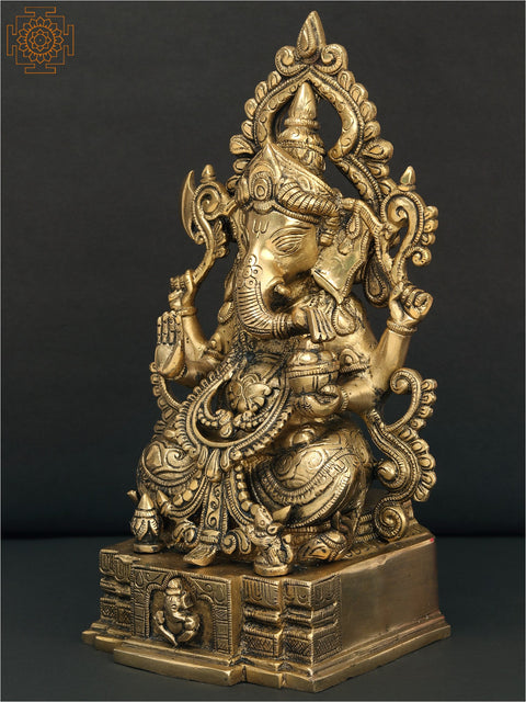 12" Sitting Chaturbhuja Lord Ganesha Brass Sculpture