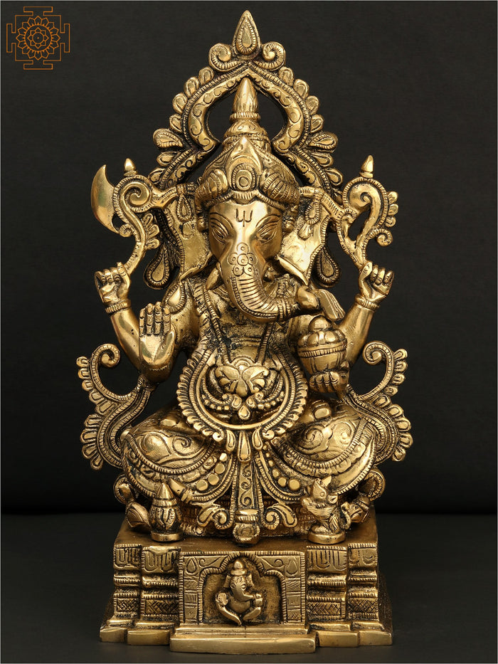 12" Sitting Chaturbhuja Lord Ganesha Handmade Brass Idol