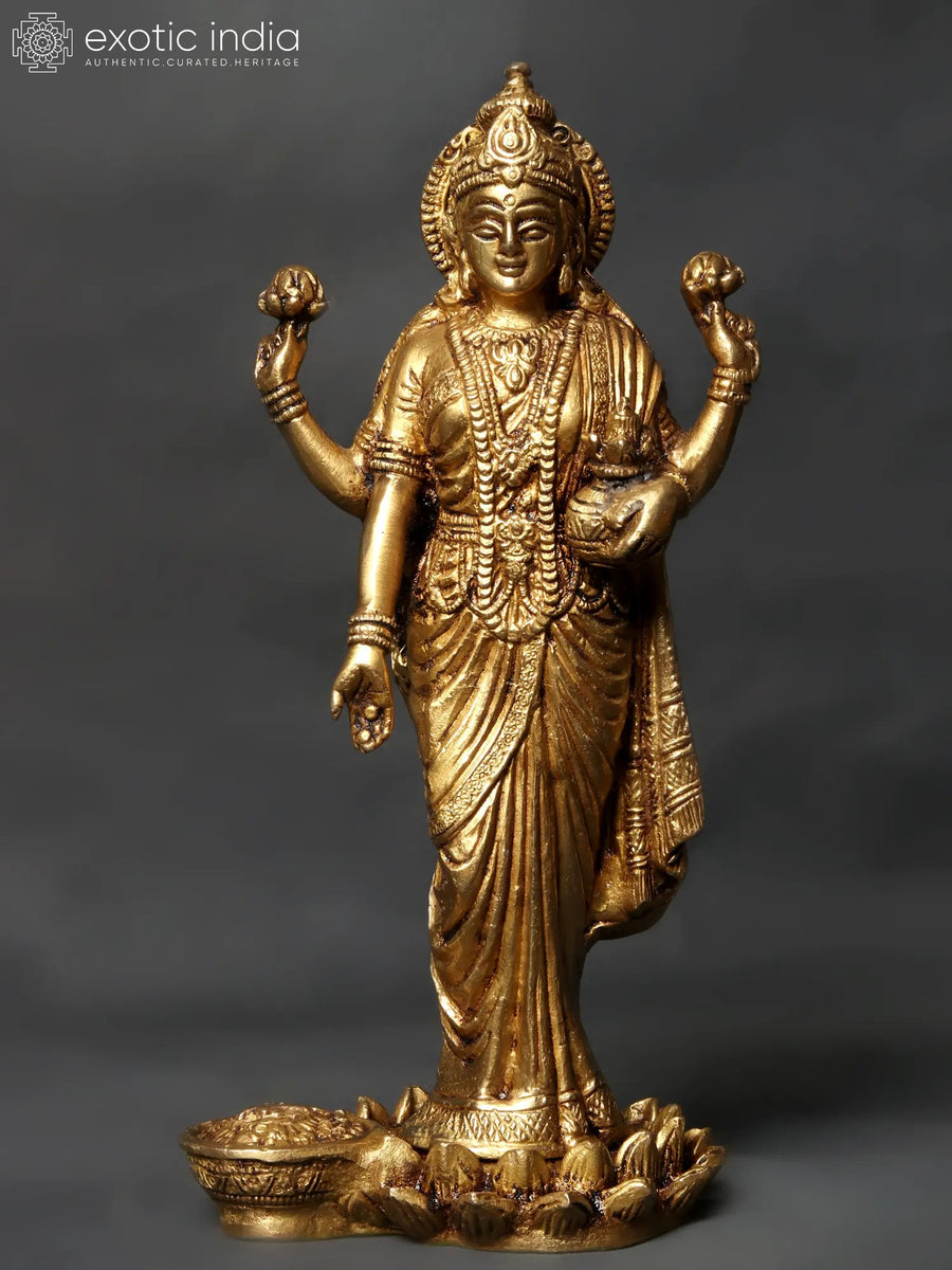 10" Goddess Lakshmi Brass Idol Standing on Lotus Pedestal with Wealth Pots
