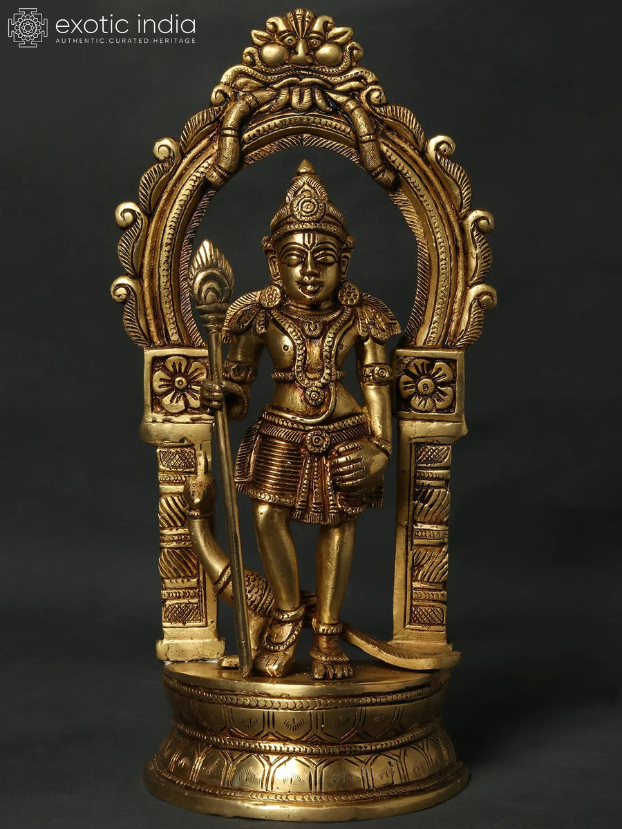 12" Lord Karttikeya Brass Idol on Kirtimukha Prabhawali Throne
