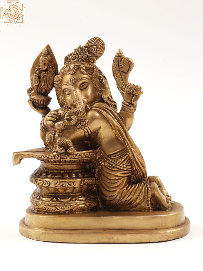 6" Brass Lord Ganesha Idol with Shivling for Pooja