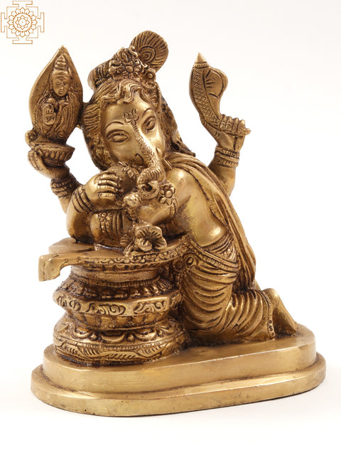 6" Brass Lord Ganesha Idol Loving to Shivling