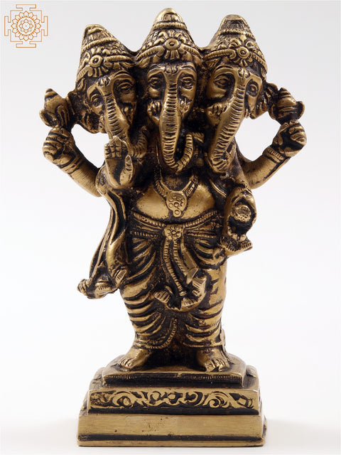 6" Three Face Lord Ganesha Idol Standing on Pedestal | Small Brass Statue