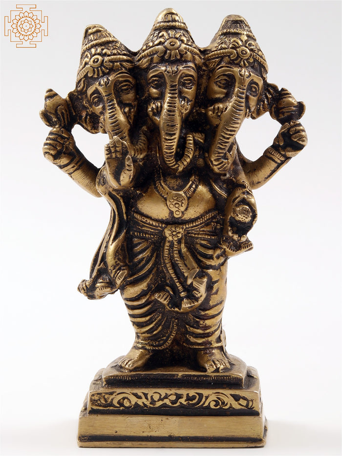 6" Three Face Lord Ganesha Brass Idol with Pedestal Base