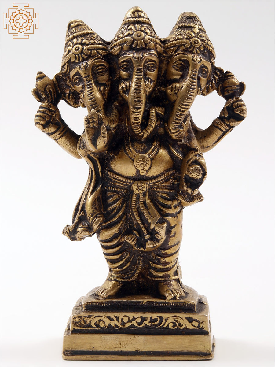 6" Three Face Lord Ganesha Brass Idol with Pedestal Base