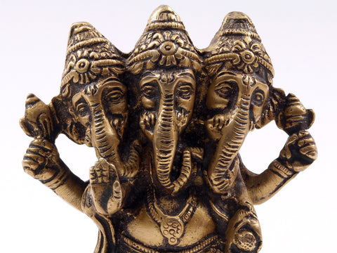 6" Three Face Lord Ganesha Idol Standing on Pedestal | Small Brass Statue