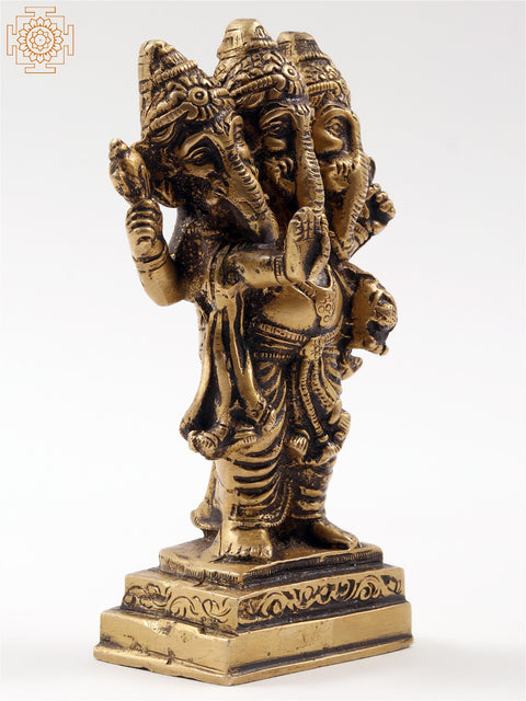 6" Three Face Lord Ganesha Idol Standing on Pedestal | Small Brass Statue