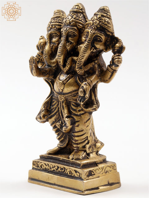 6" Three Face Lord Ganesha Idol Standing on Pedestal | Small Brass Statue