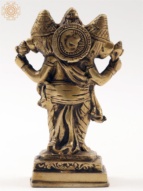 6" Three Face Lord Ganesha Idol Standing on Pedestal | Small Brass Statue