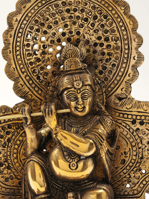 11" Lord Krishna Statue Sitting on Throne and Playing Flute