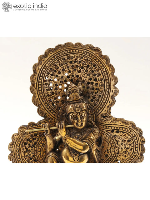 11" Lord Krishna Statue Sitting on Throne and Playing Flute