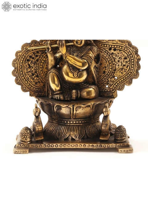 11" Lord Krishna Statue Sitting on Throne and Playing Flute