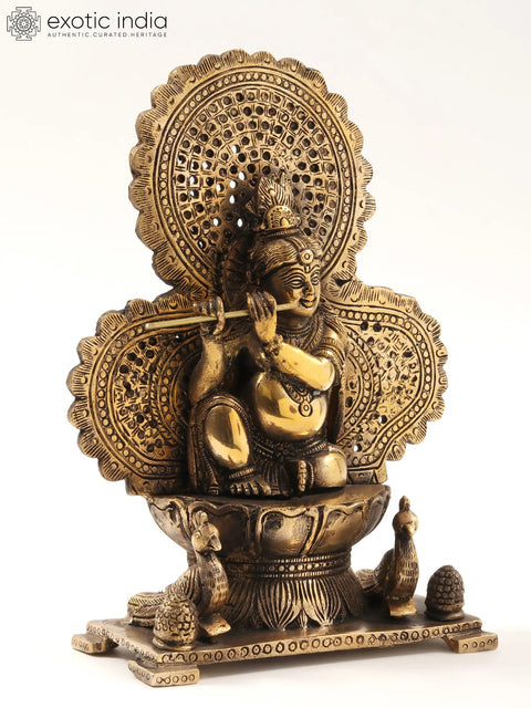 11" Lord Krishna Statue Sitting on Throne and Playing Flute