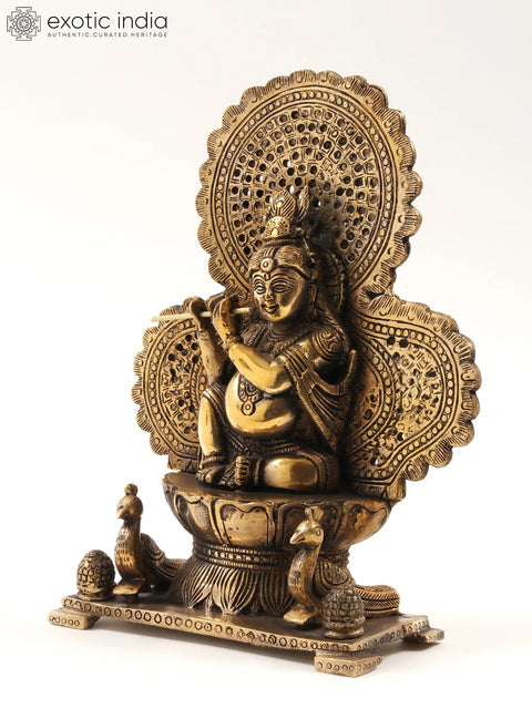 11" Lord Krishna Statue Sitting on Throne and Playing Flute