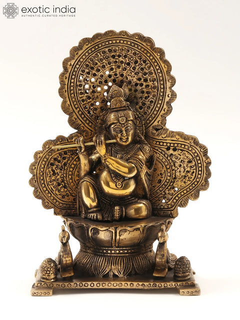 11" Lord Krishna Statue Sitting on Throne and Playing Flute