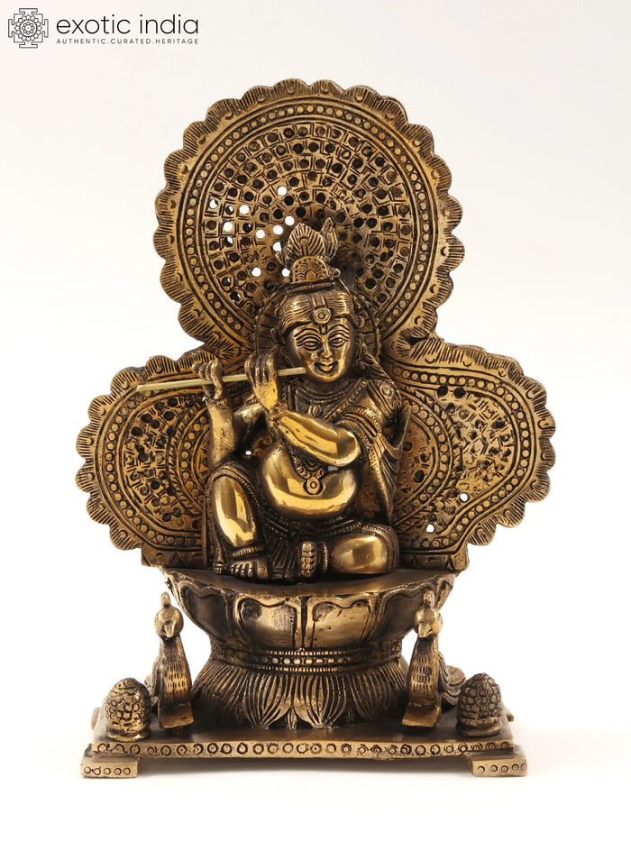 11" Lord Krishna Brass Statue Playing Flute on Throne