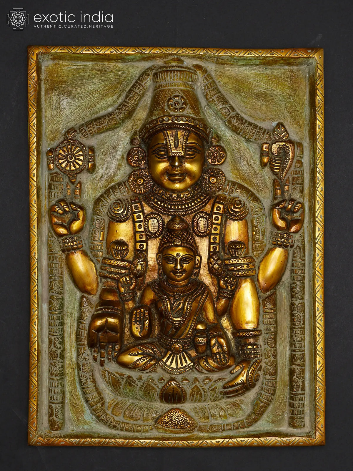 12" Brass Tirupati Balaji Venkateshvara with Lakshmi Wall Hanging Statue