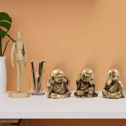 5" Small Set of 3 Wise Monks Baby Buddha Statues in Brass | Home Décor