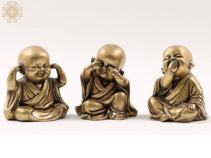 5" Brass Set of 3 Wise Monks Baby Buddha Statues for Home Decor