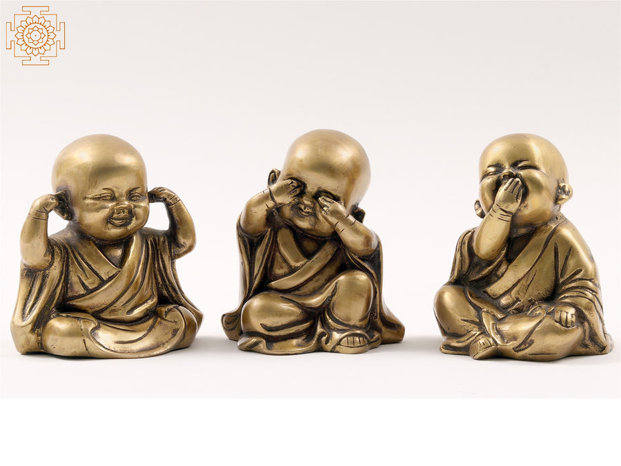 5" Brass Set of 3 Wise Monks Baby Buddha Statues for Home Decor