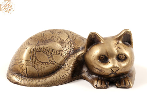 7" Brass Relaxing Cat Statue for Home Decor