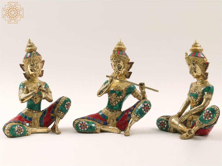 11" Brass Musicians Statue Set with Inlay Work