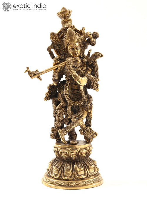 15" Standing Lord Krishna Brass Statue Playing Flute Handmade
