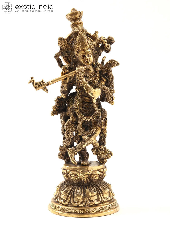 15" Standing Lord Krishna Brass Statue Playing Flute Handmade