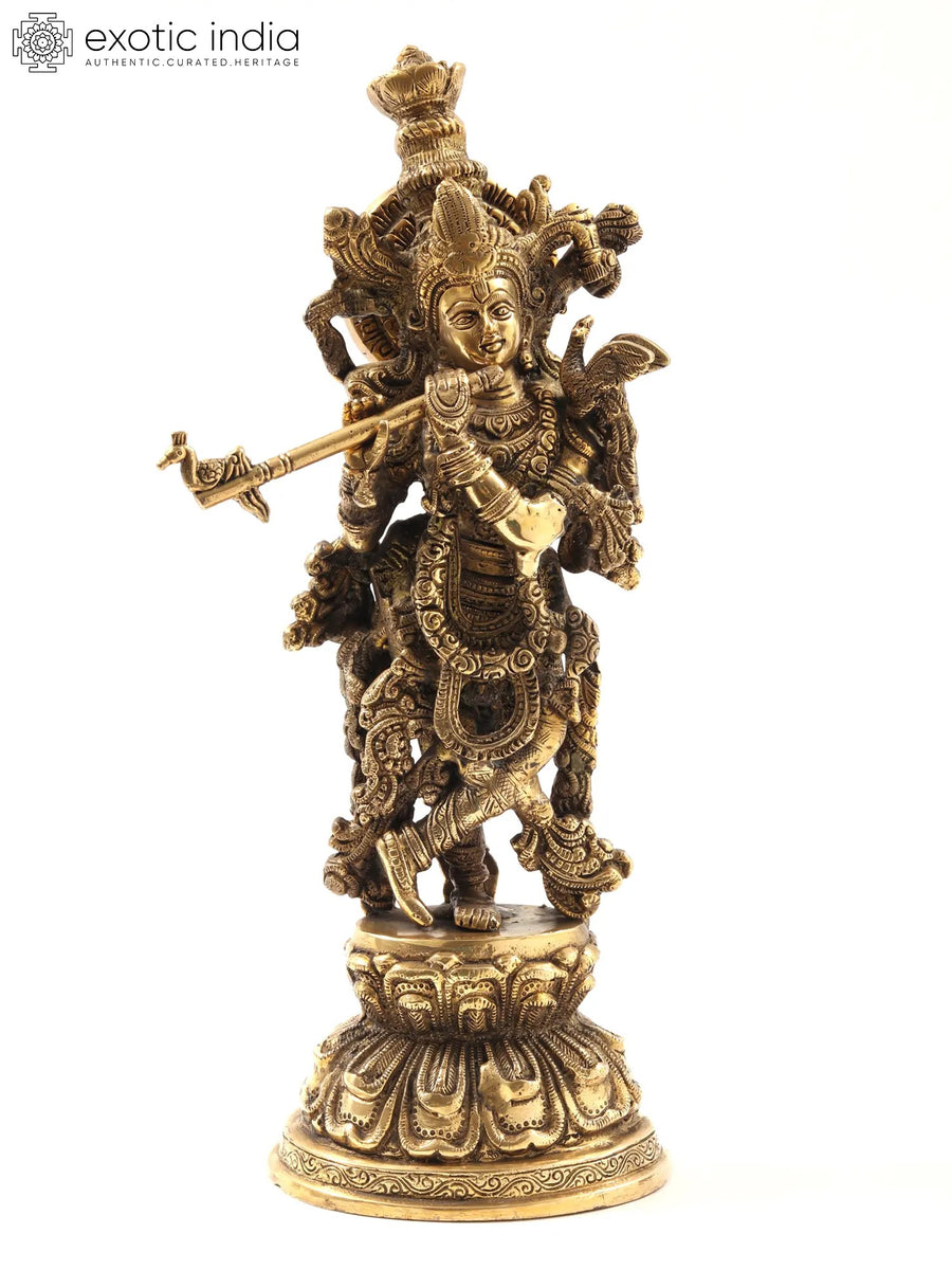 15" Standing Lord Krishna Brass Statue Playing Flute Handmade