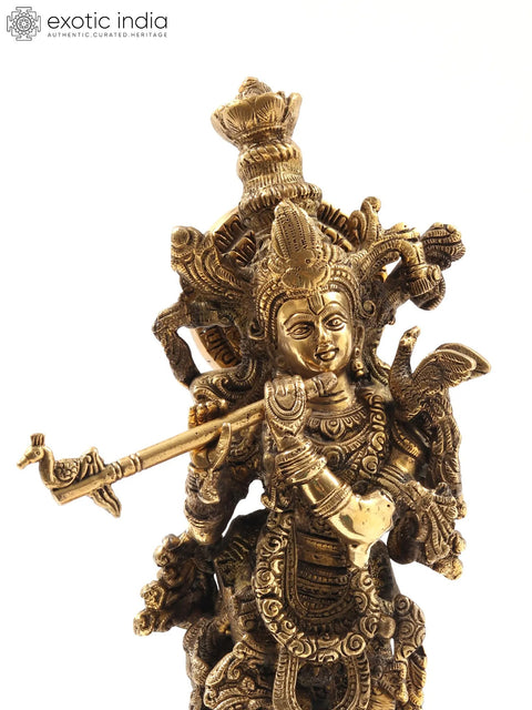 15" Standing Lord Krishna Brass Statue Playing Flute