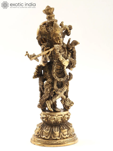 15" Standing Lord Krishna Brass Statue Playing Flute