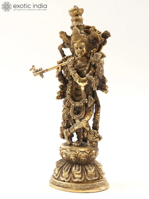 15" Standing Lord Krishna Brass Statue Playing Flute