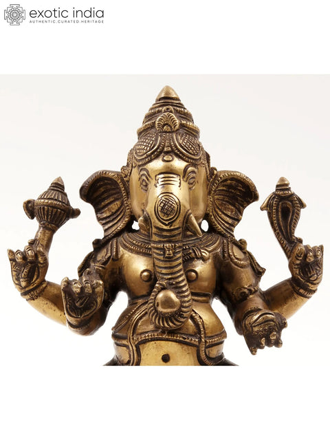 8" Four Hands Seated Ganesha Brass Statue | Gajanana Idol