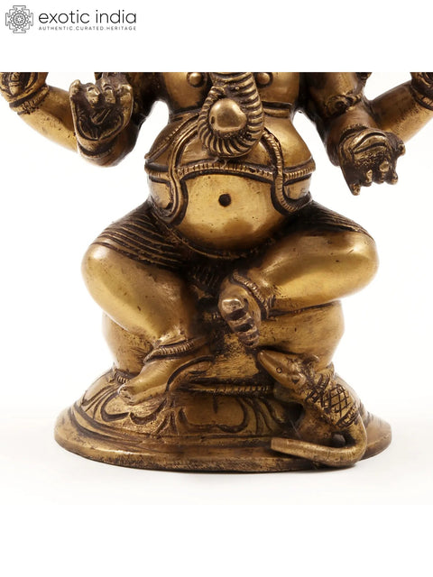 8" Four Hands Seated Ganesha Brass Statue | Gajanana Idol