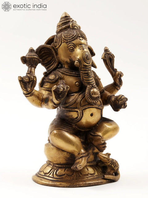 8" Four Hands Seated Ganesha Brass Statue | Gajanana Idol
